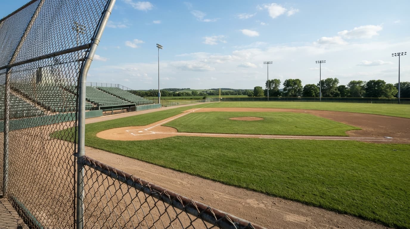 AI-generated editorial scene: A wide-angle shot shows a manicured baseball diamond under a clear, bright afternoon sky. Rows of empty stadium seating face the green outfield grass, with a chain-link backstop visible in the foreground. A row of tall, metal light poles stands against the horizon beyond the outfield fence.