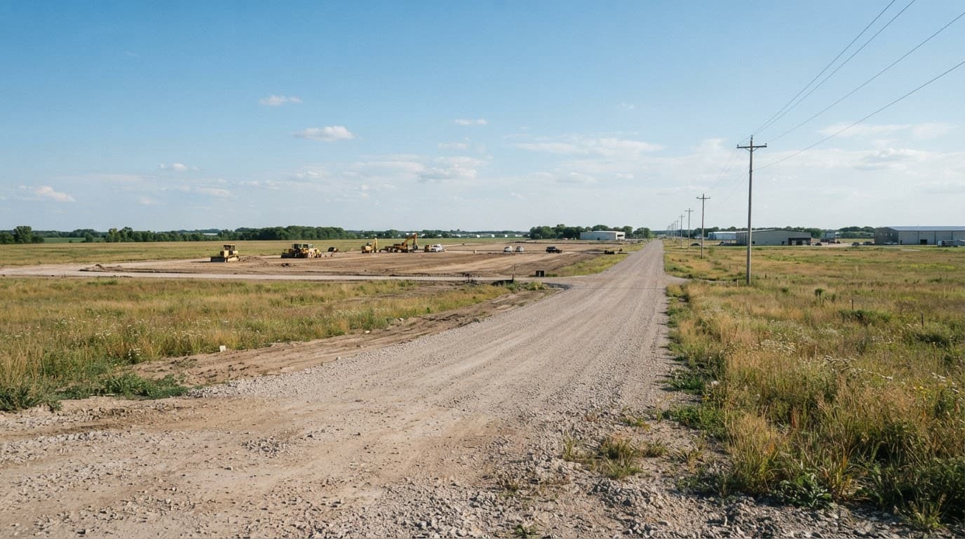 AI-generated editorial scene: A wide-angle view of a flat, expansive industrial park in Cedar Rapids under a clear afternoon sky. Rows of gravel access roads stretch toward a distant horizon, flanked by freshly mown prairie grass and utility poles. In the background, heavy construction equipment sits idle on a graded, empty plot of land.