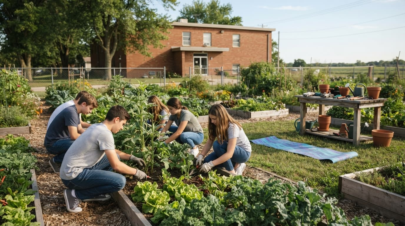 AI-generated editorial scene: A group of teenagers works in a sunlit community garden, kneeling on mulch to tend to rows of leafy green vegetables and tall okra stalks. Nearby, a colorful yoga mat lies flat on the grass beside a wooden raised bed, with gardening tools and terracotta pots resting on a nearby table. The scene is captured in clear, natural daylight against the backdrop of a modest brick building and open Iowa sky.