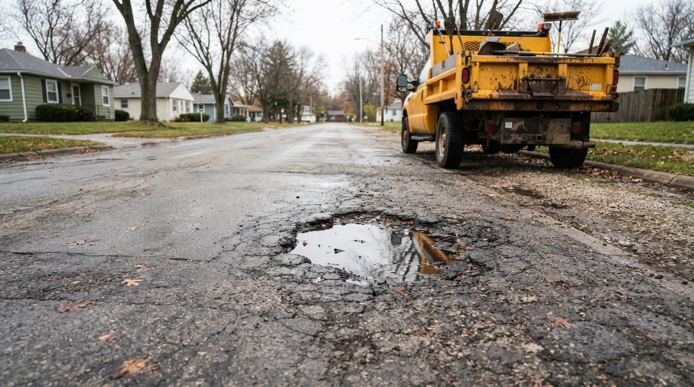 AI-generated editorial scene: A bright, overcast morning illuminates a section of weathered asphalt on a residential street where a jagged, water-filled depression has formed. A heavy-duty yellow maintenance truck is parked nearby on the shoulder, its rear gate closed and equipment stowed.