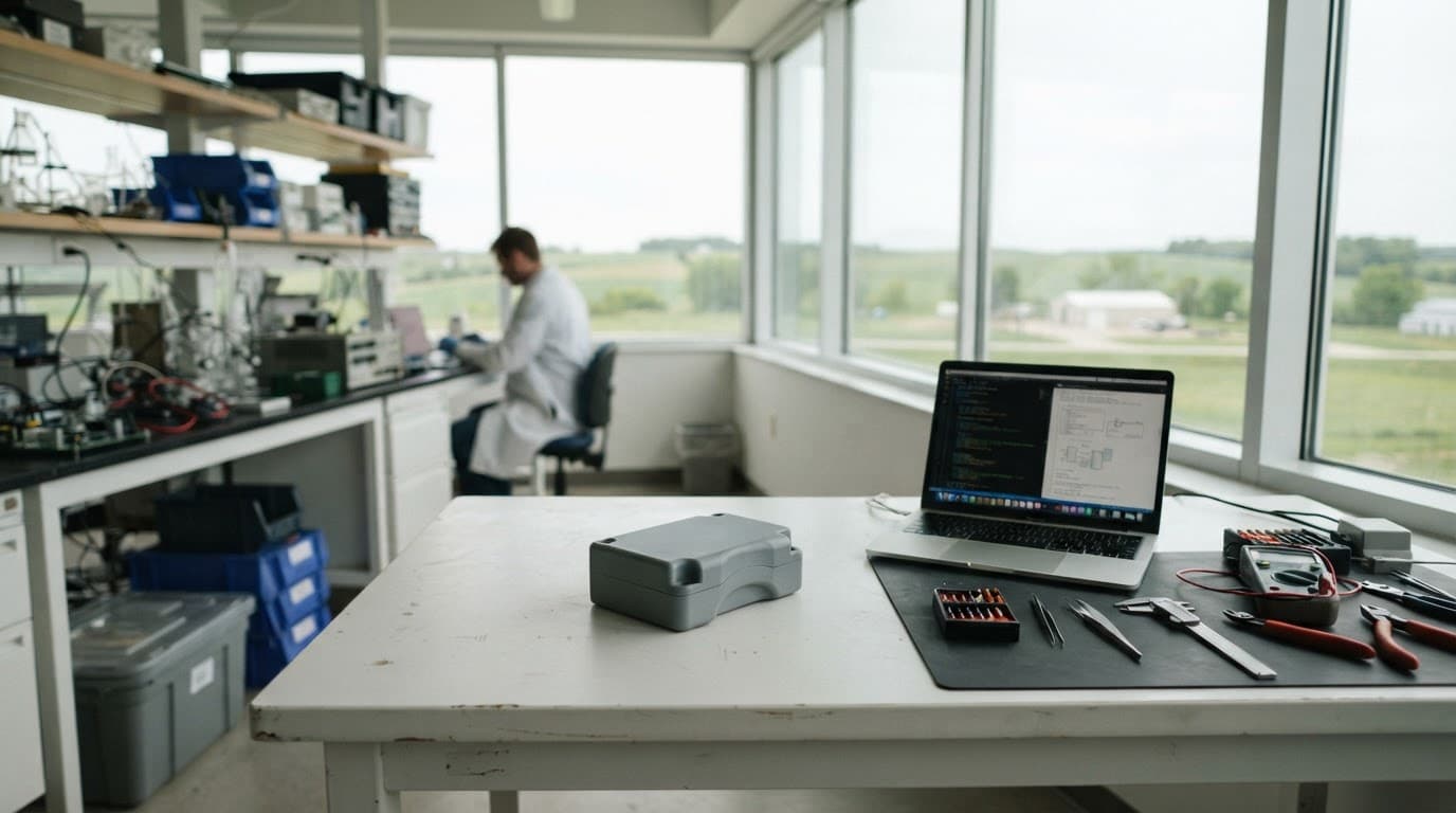 AI-generated editorial scene: A clean, white-topped workbench sits in a brightly lit laboratory space with large windows overlooking a green Iowa landscape. On the table, a small, ergonomic plastic casing rests next to a laptop and a set of precision engineering tools. The scene is captured in neutral daylight, emphasizing the sparse, functional environment of a research and development workspace.