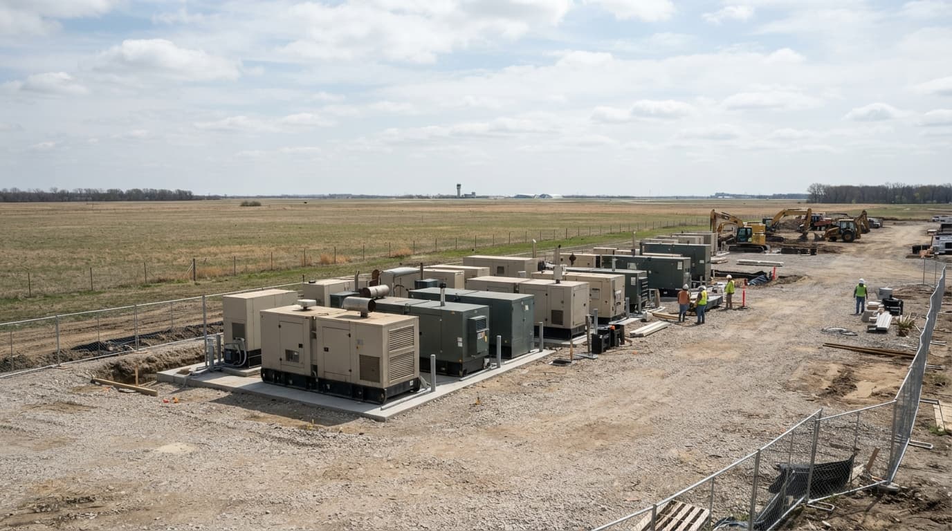 AI-generated editorial scene: A wide-angle view shows a flat, expansive construction site in eastern Iowa under bright, midday sunlight. Several rows of large, industrial-grade metal generator units sit on a gravel pad near the edge of a vast, open field. In the far distance, the faint outline of an airport control tower rises above the horizon line.