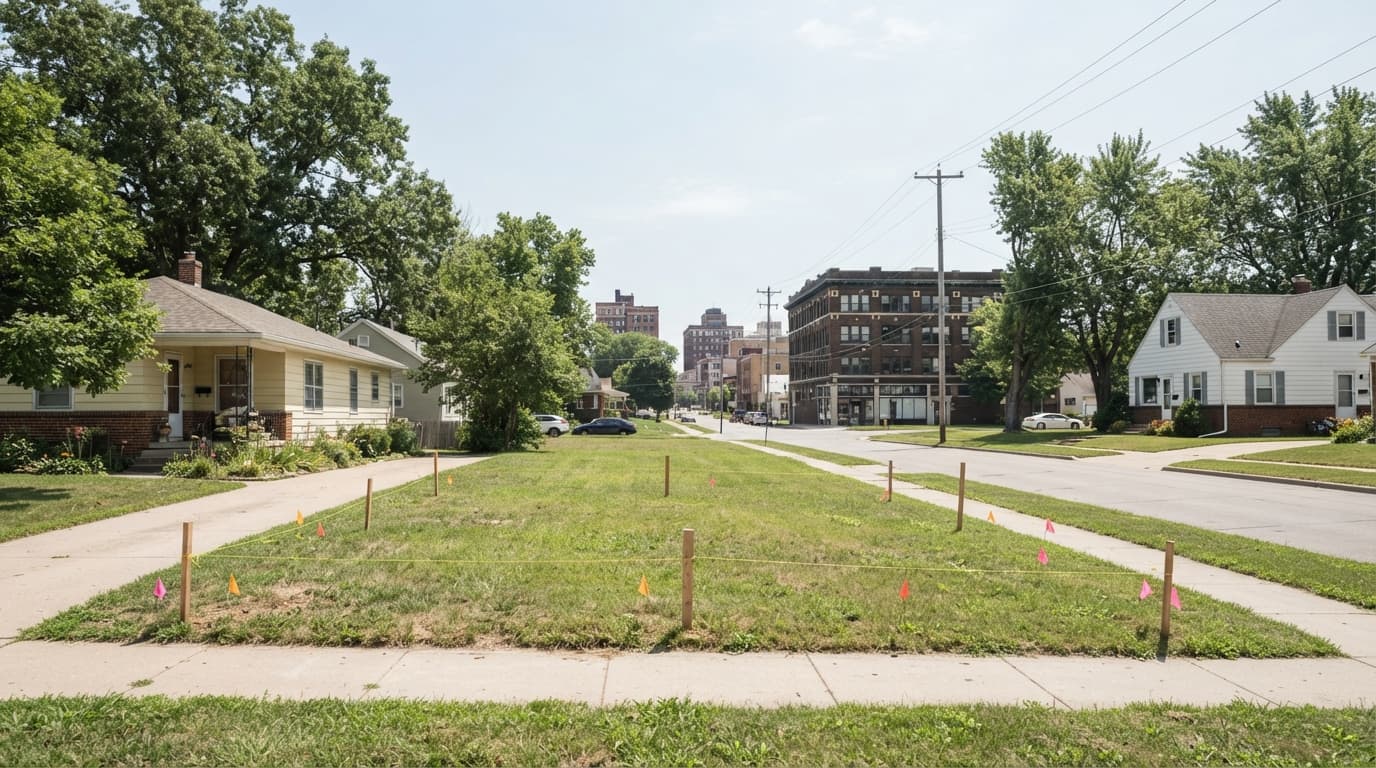 AI-generated editorial scene: A wide-angle shot shows a residential street in a neighborhood with mature trees and modest, mid-century homes under a clear midday sky. In the foreground, a vacant, grass-covered lot sits between two existing houses, marked by wooden stakes and orange utility flags. In the distance, the brick facade of a multi-story downtown building stands near a street corner, showing clear window lines above ground-level storefronts.