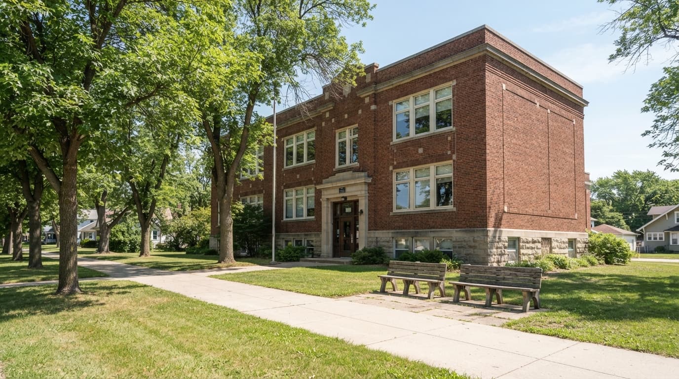 AI-generated editorial scene: A wide-angle shot shows a brick school administration building under clear, midday sunlight. A row of green trees lines the sidewalk in front of the building, where a few empty benches sit near the entrance.