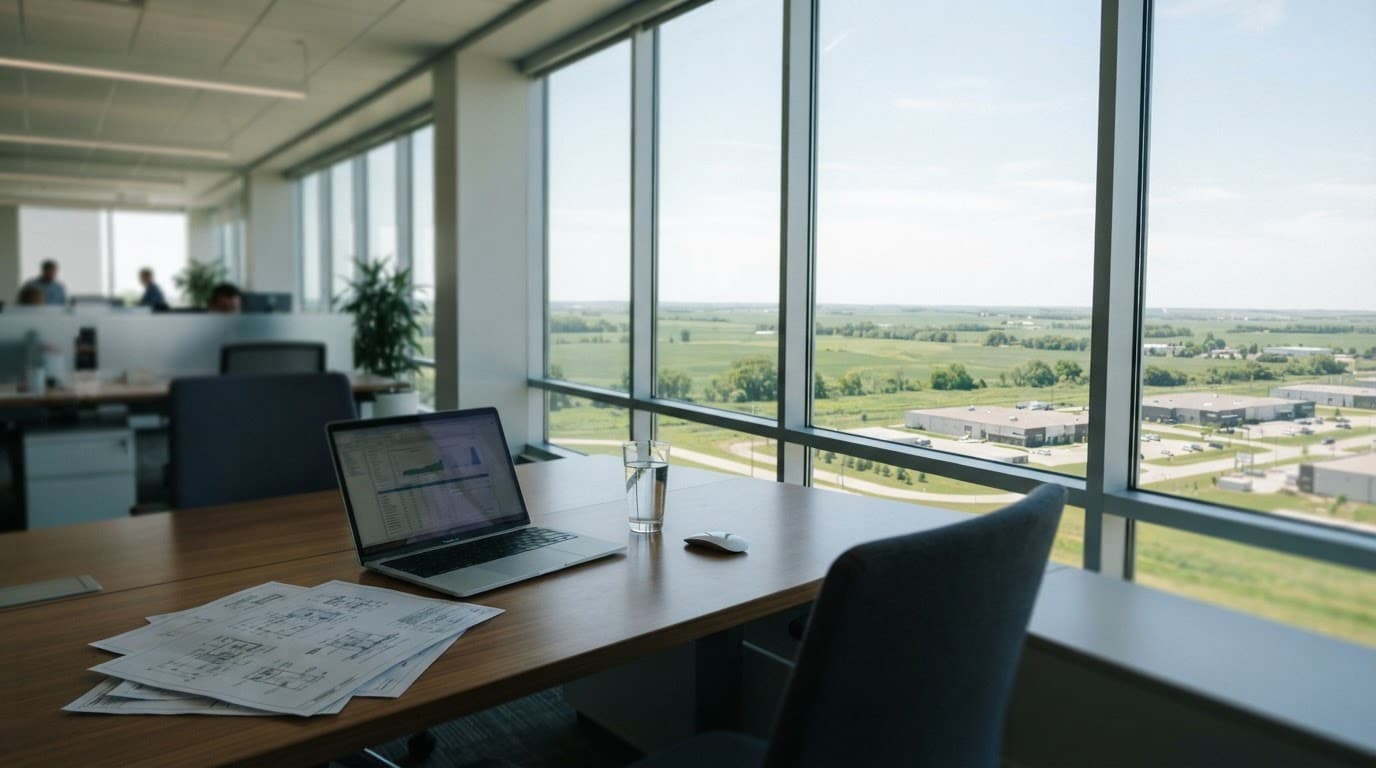 AI-generated editorial scene: A wide-angle view shows a clean, modern office interior with large windows overlooking a flat, green Iowa landscape under bright midday light. On a polished wooden desk, a laptop sits open next to a small stack of technical schematics and a glass of water. A blurred view of a nearby industrial park is visible through the glass, emphasizing the connection between local research spaces and the surrounding region.