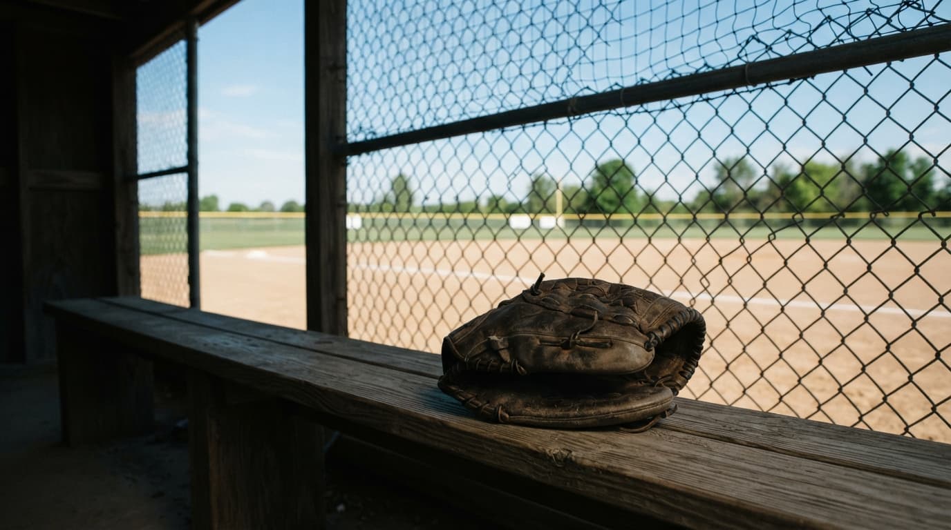 AI-generated editorial scene: A worn leather softball glove rests on a wooden bench inside a dugout during a bright afternoon. Beyond the chain-link fence, the manicured dirt of a diamond stretches toward a wide, open field under a clear sky.