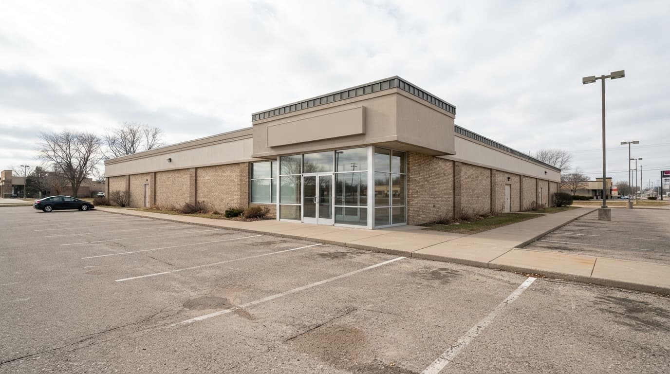 AI-generated editorial scene: A wide-angle shot shows the exterior of a large, single-story commercial building on a paved suburban road under bright, overcast daylight. The parking lot is mostly empty, with a few patches of dry pavement and standard metal light poles standing in the background. A glass-fronted entrance is visible, framed by brick masonry and a flat roofline typical of a commercial corridor.
