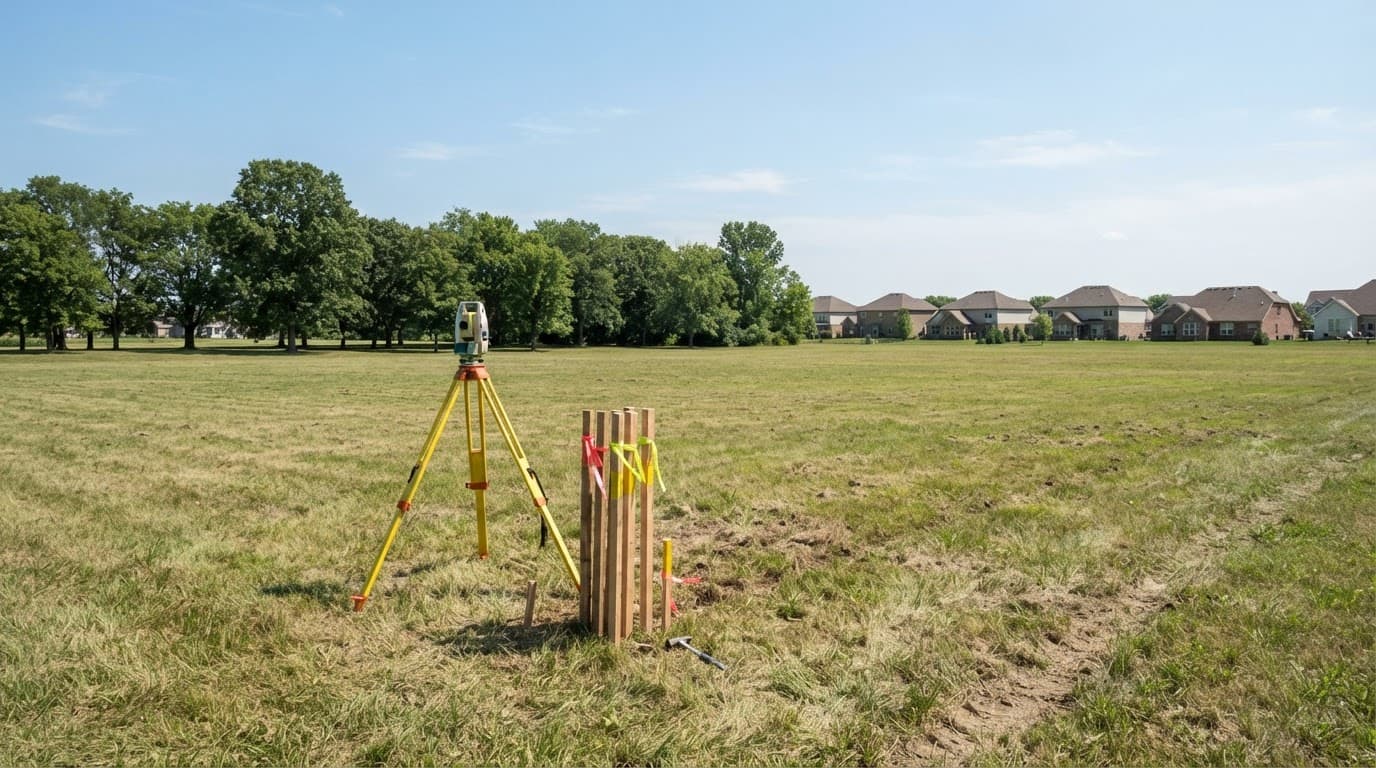 AI-generated editorial scene: A wide-angle shot shows a flat, grassy field in eastern Iowa under bright, midday sunlight, with a line of mature trees marking the edge of a nearby park. In the foreground, a surveyor’s tripod stands on the mowed earth, positioned near a cluster of wooden stakes marking future utility lines. In the distance, the roofs of existing residential homes are visible against a clear blue sky.