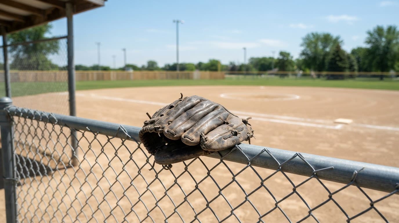 AI-generated editorial scene: A weathered leather softball glove rests on the top rail of a chain-link dugout fence under a bright midday sun. Beyond the fence, a manicured dirt infield stretches toward a lush green outfield under a clear summer sky.