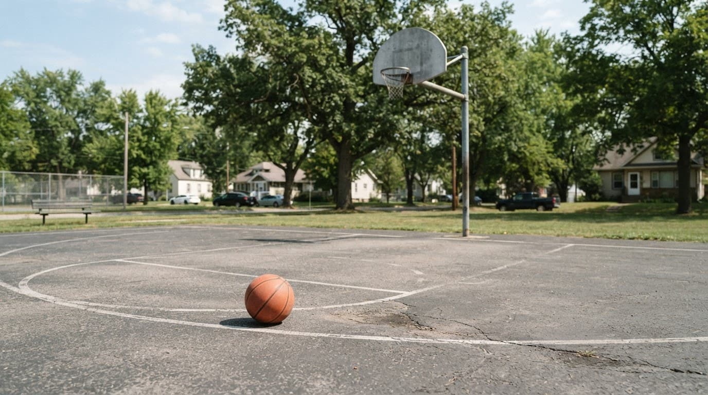 AI-generated editorial scene: A weathered outdoor basketball court sits in a public park under the bright, clear sky of a mid-morning in eastern Iowa. A single basketball rests near the painted white lines of the key, with a row of mature oak trees and a quiet residential street visible in the background.