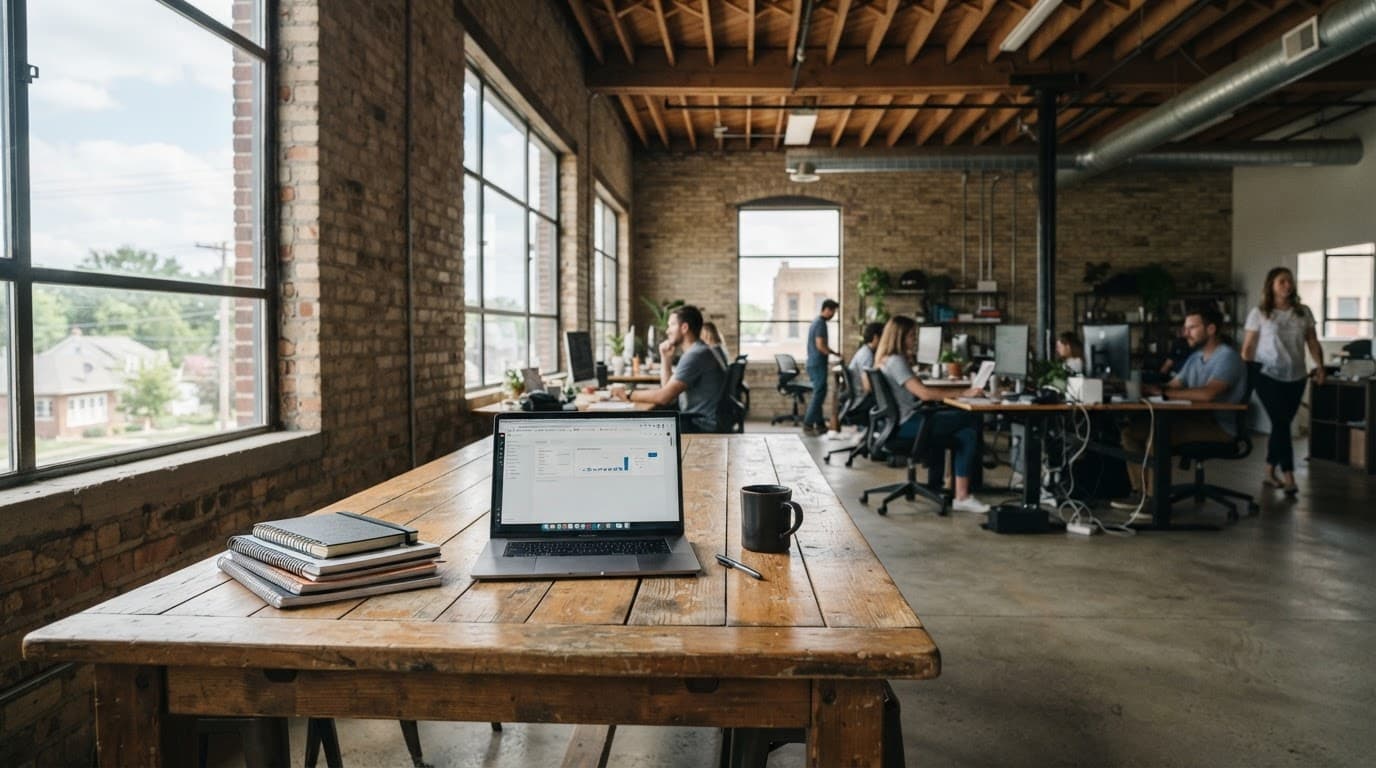AI-generated editorial scene: A wide-angle shot shows a sunlit, open-plan office space in a brick-clad industrial building with exposed ceiling rafters and large windows. A wooden table in the foreground holds a laptop, a stack of notebooks, and a ceramic coffee mug, while blurred figures work at desks in the background.