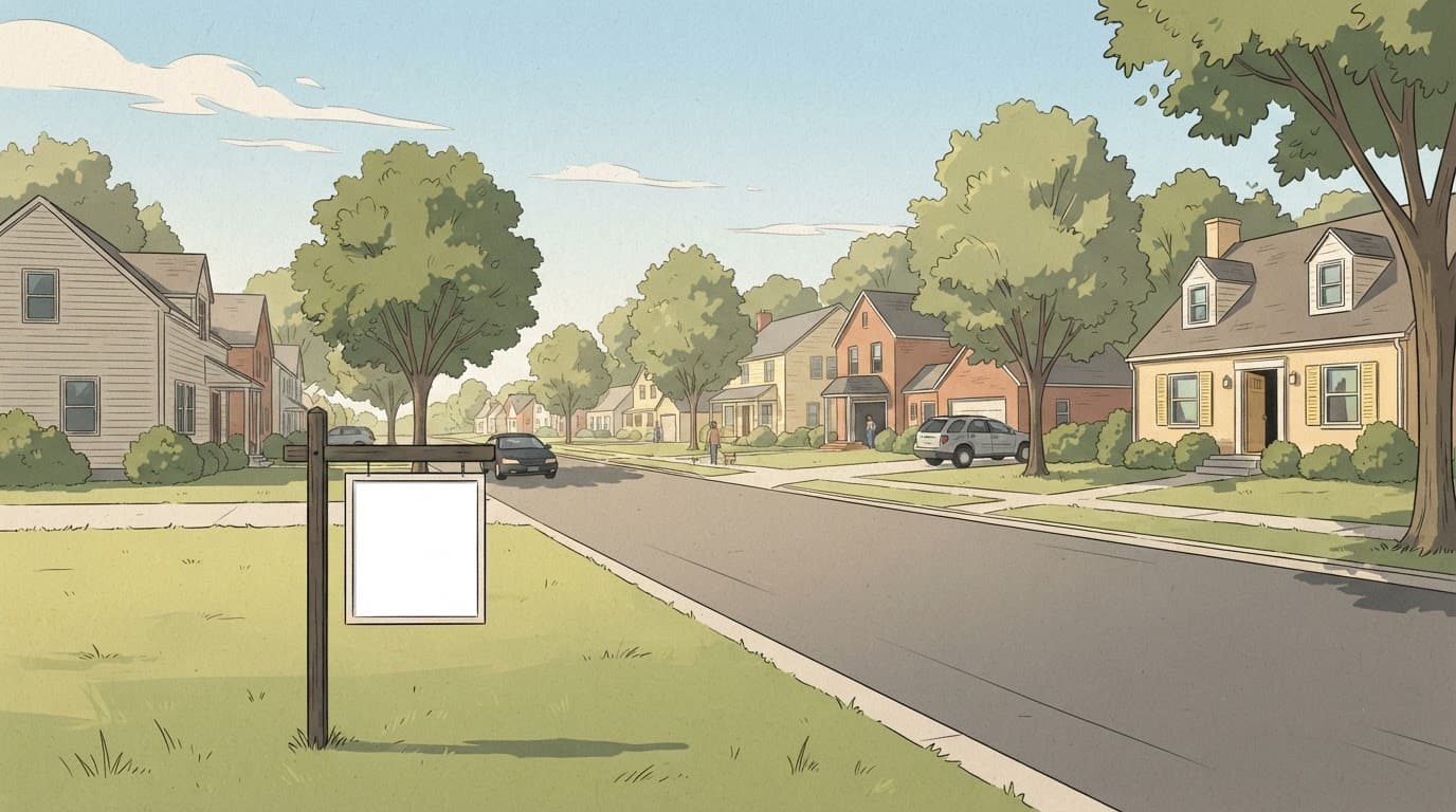 Editorial illustration: A wide-angle view of a quiet residential street in mid-morning sunlight shows several detached houses with manicured lawns and open front doors. A wooden post with a blank white rectangular frame stands in the foreground grass of a vacant lot. The scene is rendered in a clean, flat-color editorial illustration style.