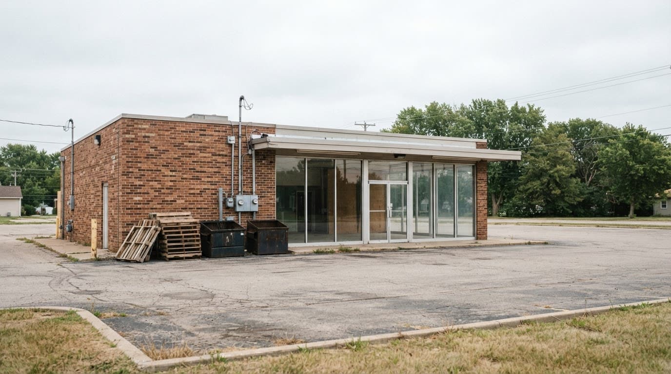 AI-generated editorial scene: A wide-angle exterior view shows a single-story commercial building with a brick facade and large, clear glass windows under a bright, overcast sky. A stack of wooden pallets and a few empty metal trash bins sit near the paved parking lot in front of the vacant entrance. The surrounding landscape features a flat, asphalt-covered lot typical of a suburban thoroughfare, with distant green trees visible under natural daylight.