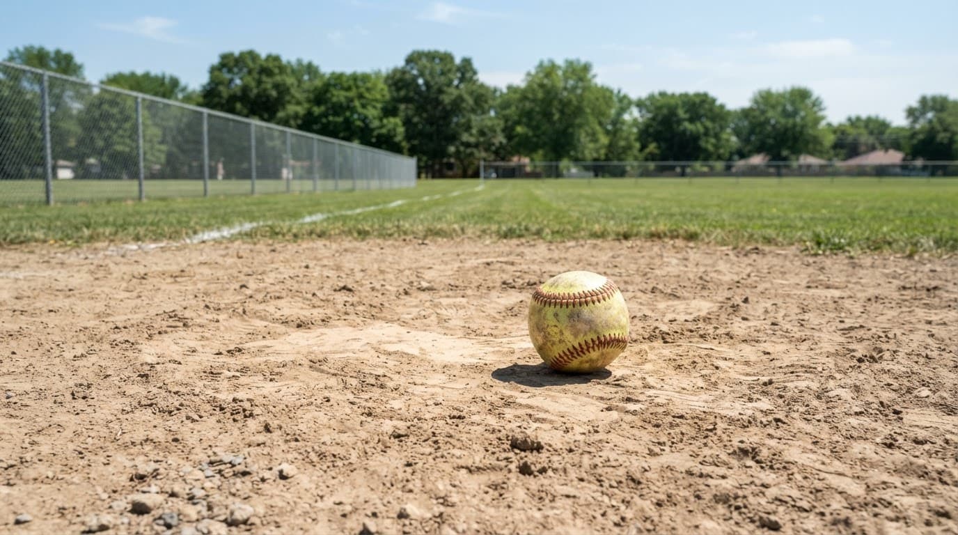 AI-generated editorial scene: A worn leather softball rests on the packed dirt of a pitcher’s circle under bright, midday sun. In the background, a chain-link fence separates the diamond from a wide expanse of mowed green grass and distant suburban trees.