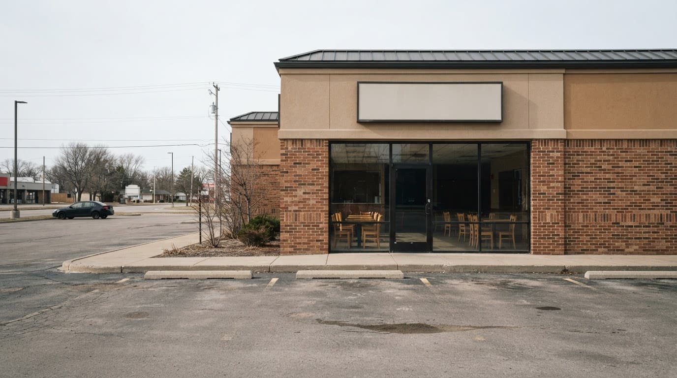 AI-generated editorial scene: A wide-angle, eye-level shot shows the exterior of a brick-and-stucco commercial building on a bright, overcast afternoon. The main entrance is blocked by a glass door, with the interior dining area visible but vacant, showing empty tables and chairs arranged on a tiled floor. A paved parking lot in the foreground is mostly empty, with a few patches of dry asphalt and standard concrete curbing.