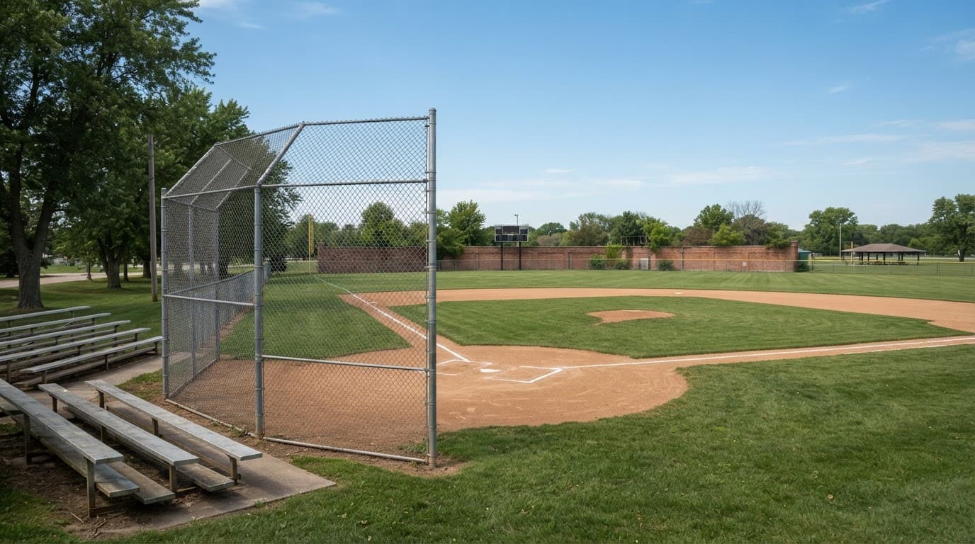 AI-generated editorial scene: A wide-angle view shows a manicured baseball diamond under a clear, bright mid-afternoon sky. A row of empty metal bleachers sits behind a chain-link backstop, with the green grass of the outfield stretching toward a distant brick stadium wall.