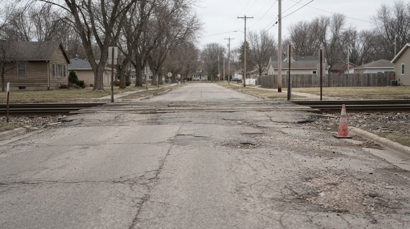 AI-generated editorial scene: A gray asphalt street stretches toward a railroad crossing marked by weathered wooden ties and metal tracks. Patches of loose gravel and uneven asphalt fill irregular depressions in the road surface under the bright, flat light of an overcast spring morning. In the background, bare trees line the residential sidewalk, and a single orange traffic cone stands near the edge of the curb.