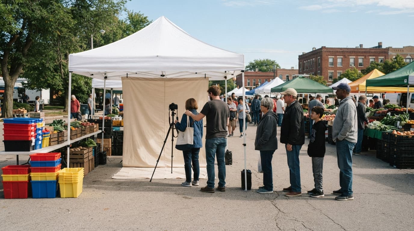 AI-generated editorial scene: A portable camera setup sits on a tripod under a white canopy at a bustling outdoor farmers market on a sunny morning. Nearby, a diverse group of people stands in a casual line on the pavement, waiting to have their portraits taken against a plain backdrop. Stacks of colorful school supply bins and crates of fresh produce are visible in the background under the clear blue sky.