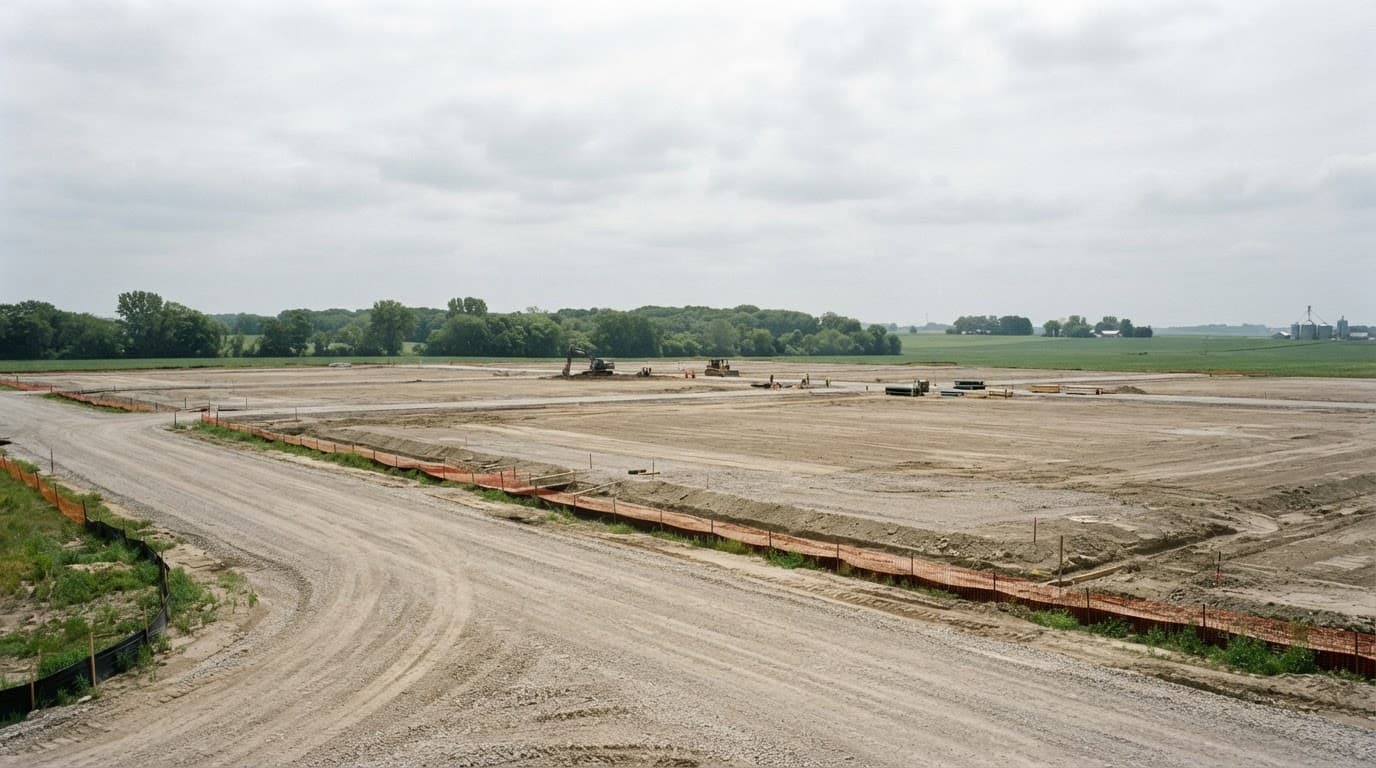AI-generated editorial scene: A wide, elevated view shows a vast, flat expanse of cleared industrial land under a bright, overcast Iowa sky. In the distance, a line of mature trees borders the horizon, while the foreground features a gravel access road leading toward an empty, expansive construction site.