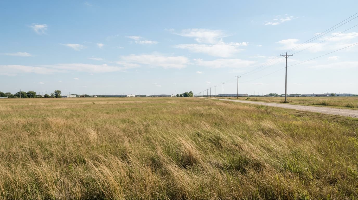 AI-generated editorial scene: A wide, eye-level shot captures a vast expanse of flat, undeveloped prairie grass under a clear midday sky in southwest Cedar Rapids. In the distance, a line of utility poles follows the edge of a gravel access road that borders the open industrial site.