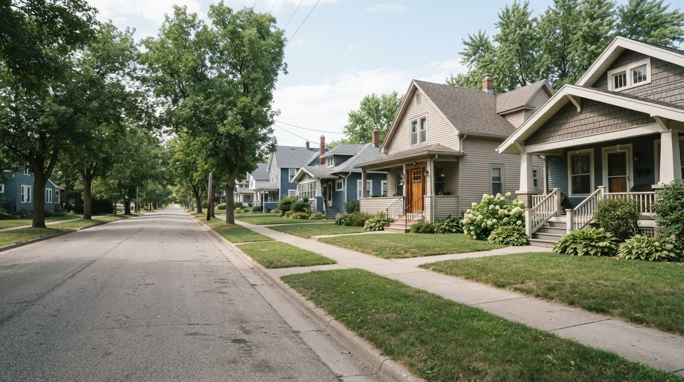 AI-generated editorial scene: A wide-angle shot shows a quiet, tree-lined residential street in Cedar Rapids during the mid-afternoon. A row of modest, early 20th-century houses with front porches sits under a clear, bright sky. In the foreground, a paved sidewalk leads past a patch of manicured grass toward a standard wooden front door.