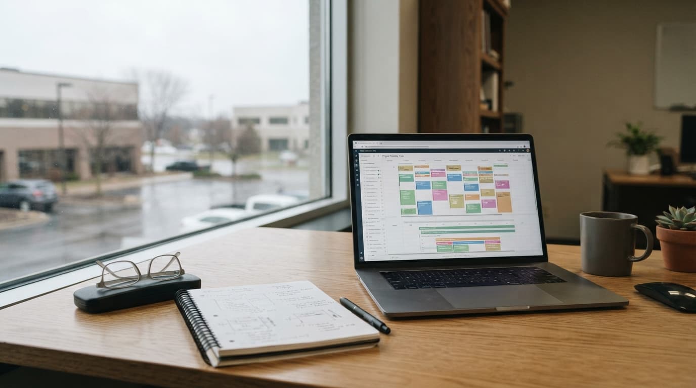 AI-generated editorial scene: A professional workspace features a clean desk with a laptop displaying a complex grid of color-coded blocks and calendar rows. Through a nearby window, the soft, overcast daylight of a Cedar Rapids office park illuminates a stack of open notebooks and a pair of glasses resting on a wooden surface.