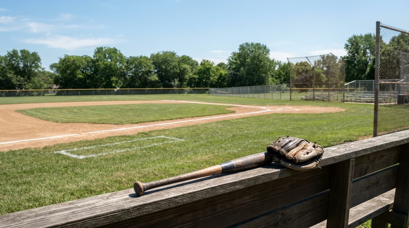 AI-generated editorial scene: A well-maintained high school baseball field in eastern Iowa sits under bright, midday sun with a neatly groomed dirt infield and freshly painted white foul lines. A wooden bat and a leather glove rest on the top rail of a chain-link dugout bench. Beyond the outfield fence, rows of mature green trees line the horizon under a clear blue sky.