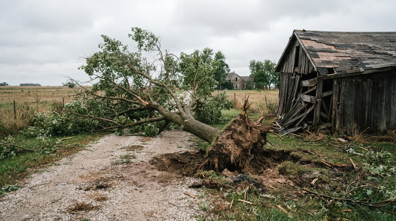 AI-generated editorial scene: A large deciduous tree lies uprooted across a gravel driveway, its exposed root ball caked in damp soil. Nearby, a weathered wooden structure shows missing shingles and a partially collapsed section of metal siding. The scene is illuminated by flat, overcast daylight, revealing scattered debris and broken branches across a flat, grassy landscape.