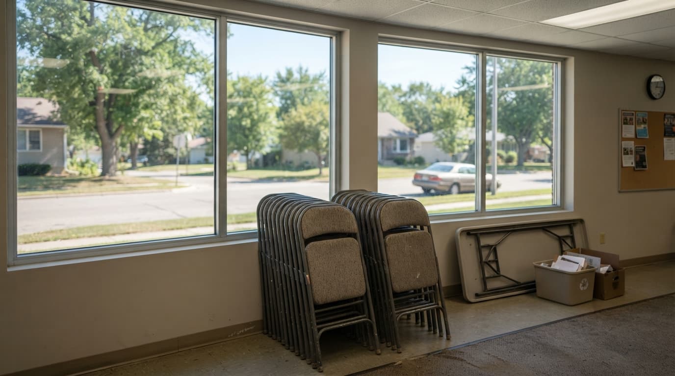 AI-generated editorial scene: A stack of empty folding chairs sits in the corner of a sunlit community center meeting room in Cedar Rapids. Through the nearby windows, a quiet suburban street is visible under the clear, bright sky of a mid-afternoon.