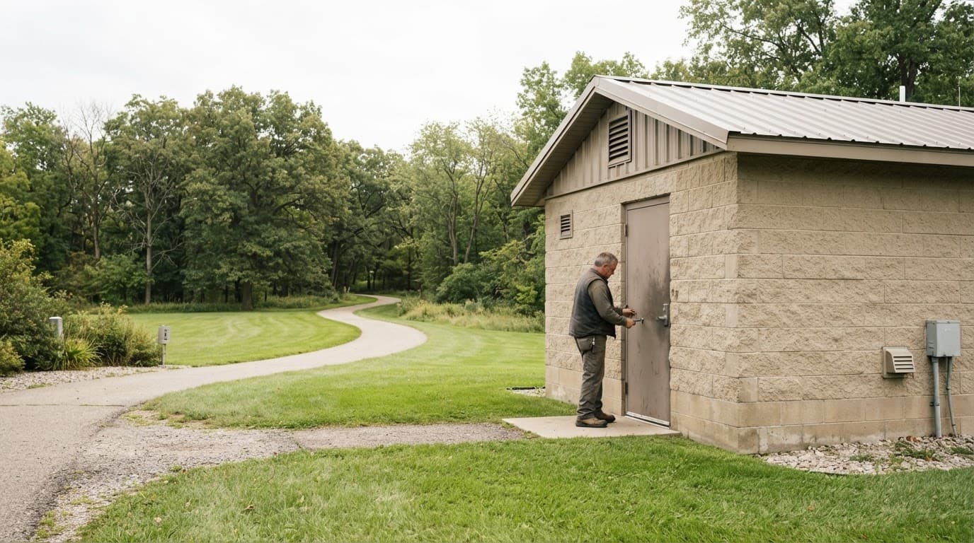 AI-generated editorial scene: A wide-angle shot shows a beige, single-story concrete park restroom building situated on a manicured lawn under bright, overcast daylight. A maintenance worker in a plain utility vest stands near the exterior wall, inspecting a closed metal door. In the background, a paved walking path winds toward a line of mature deciduous trees typical of an Iowa river valley.