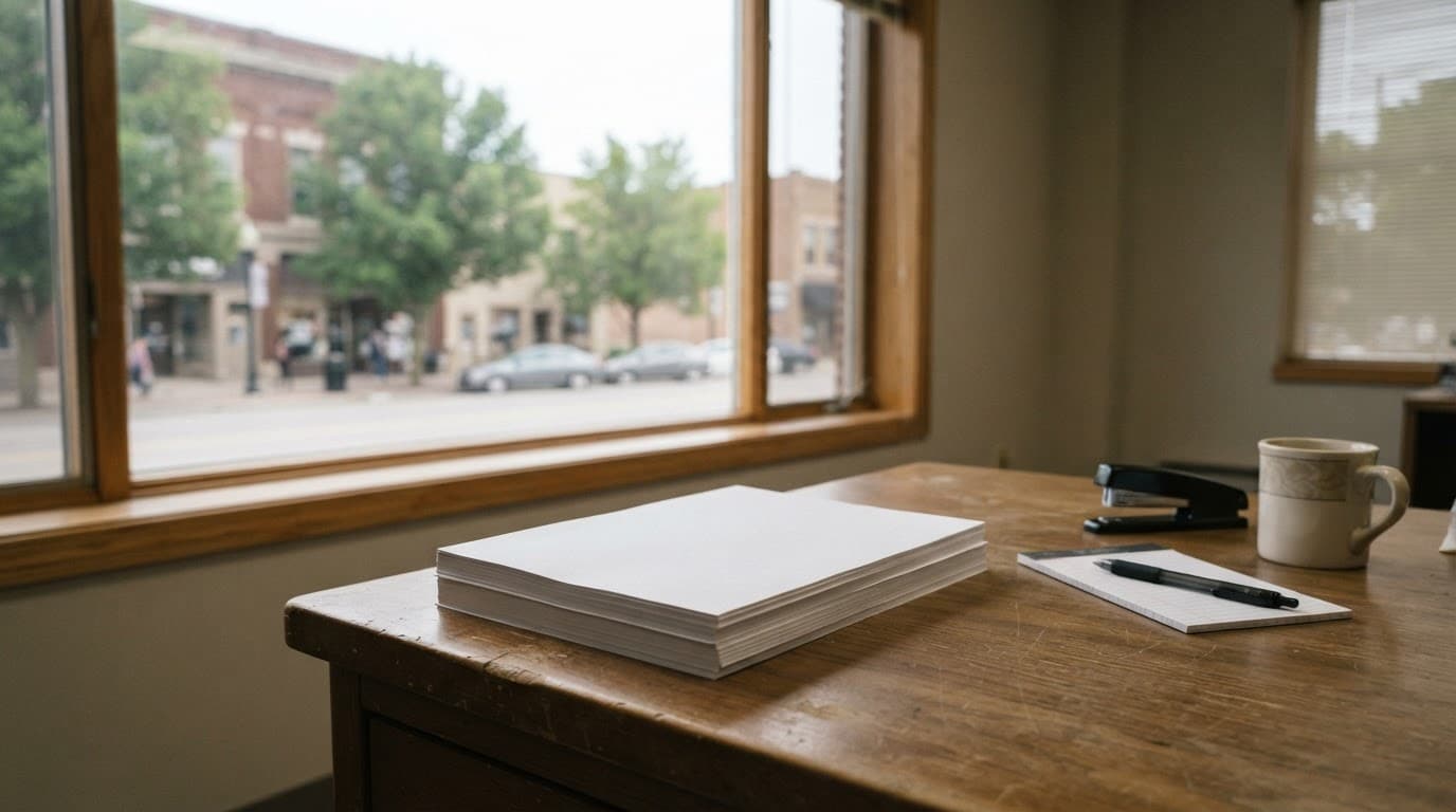 AI-generated editorial scene: A stack of blank white paper sits on a wooden desk inside a county administration office. Through a nearby window, the midday sun illuminates a quiet street lined with brick buildings and mature trees.