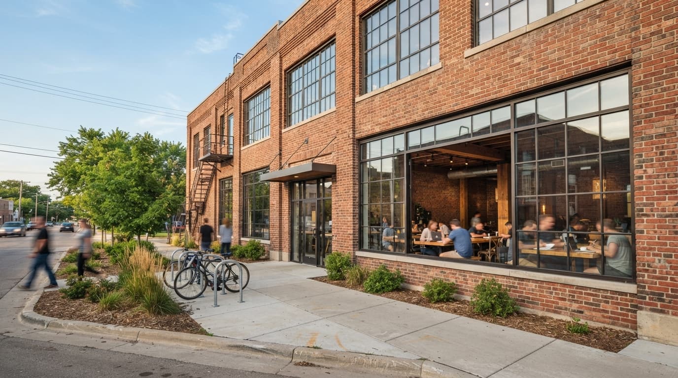 AI-generated editorial scene: A wide-angle view of a brick-walled industrial building in the New Bohemia district during a bright, clear afternoon. Through large, clean windows, several people are visible sitting at communal wooden tables with laptops and notebooks. Outside, a paved sidewalk leads toward the main entrance, flanked by a few metal bicycle racks and a small patch of green landscaping.
