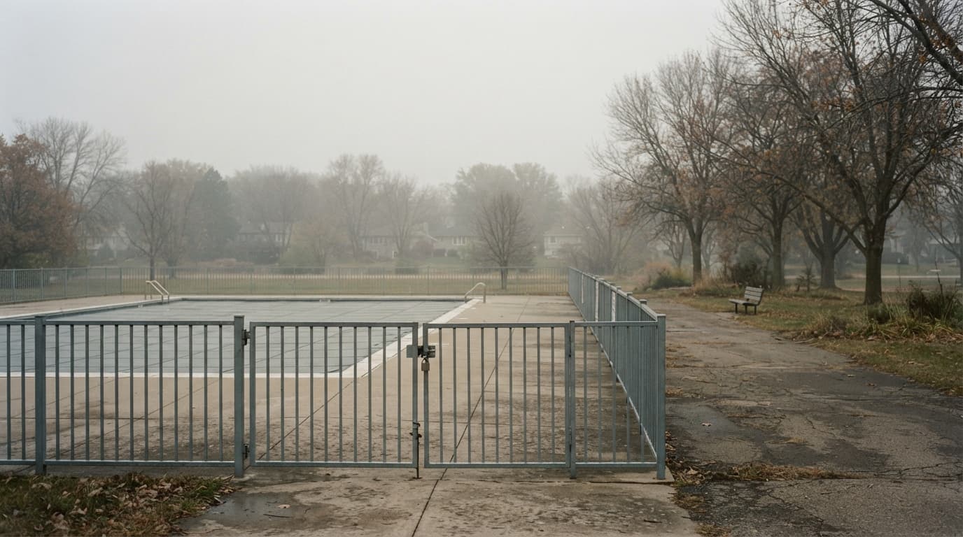 AI-generated editorial scene: A hazy, muted sunlight filters through a thick, gray-toned atmosphere over a quiet suburban park in Cedar Rapids. In the foreground, an empty concrete pool deck sits cordoned off by a simple metal gate, while the distant, blurred treeline of a local neighborhood fades into the dense, suspended particulate.