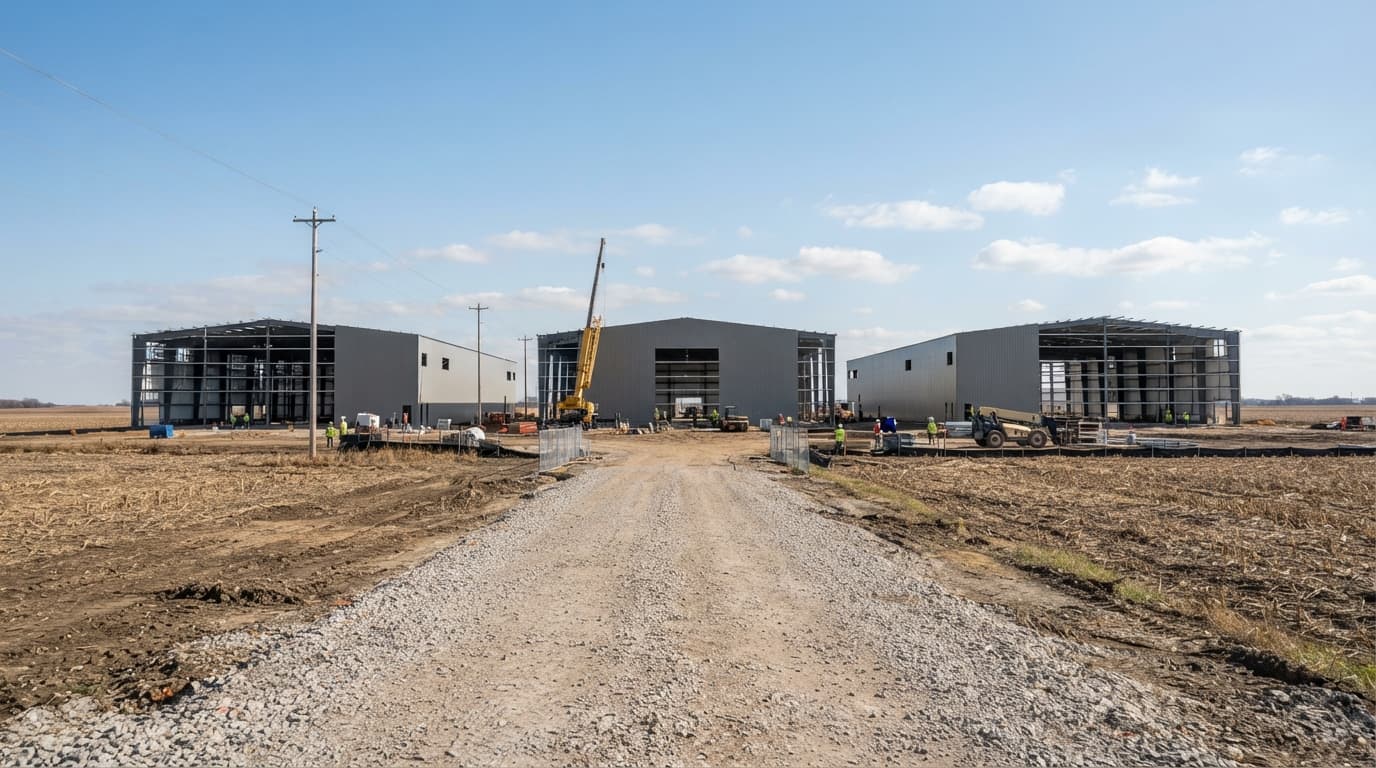 AI-generated editorial scene: Three large, windowless industrial structures stand in a row under a clear, midday sky, their steel frames topped out and partially enclosed by gray metal siding. In the foreground, a gravel access road leads toward the construction site, flanked by flat, dormant fields typical of the eastern Iowa landscape.