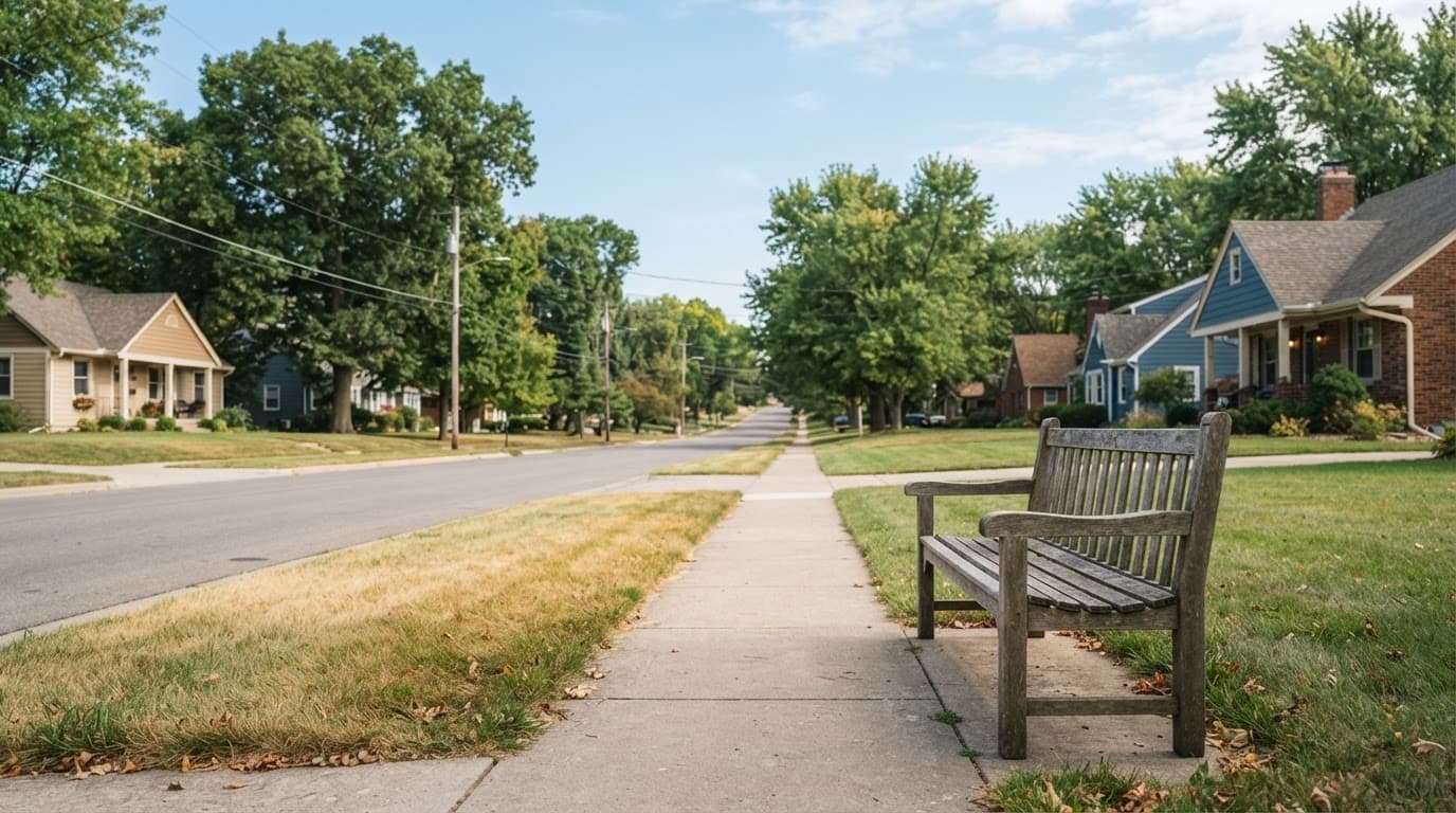 Editorial illustration: A wide-angle view of a residential street in mid-morning light shows a clear blue sky above leafy green trees and manicured lawns. A wooden park bench sits empty on a paved sidewalk near a patch of dry, golden-tinted grass.