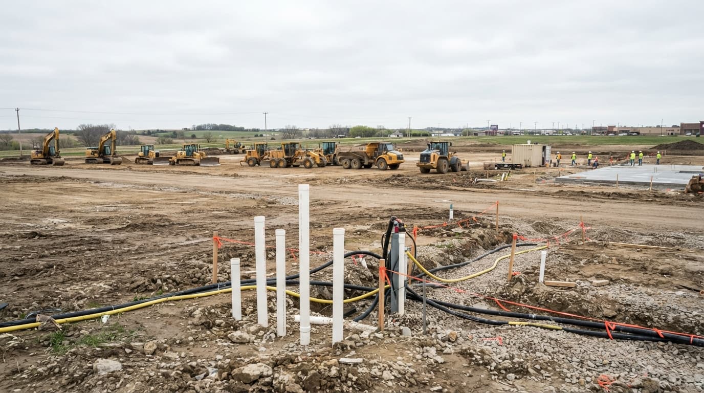 AI-generated editorial scene: A wide-angle view shows a sprawling construction site under a bright, overcast sky with rows of heavy earth-moving equipment parked on leveled dirt. In the foreground, several vertical white PVC pipes protrude from the ground near a cluster of temporary utility hoses and gravel-filled trenches.