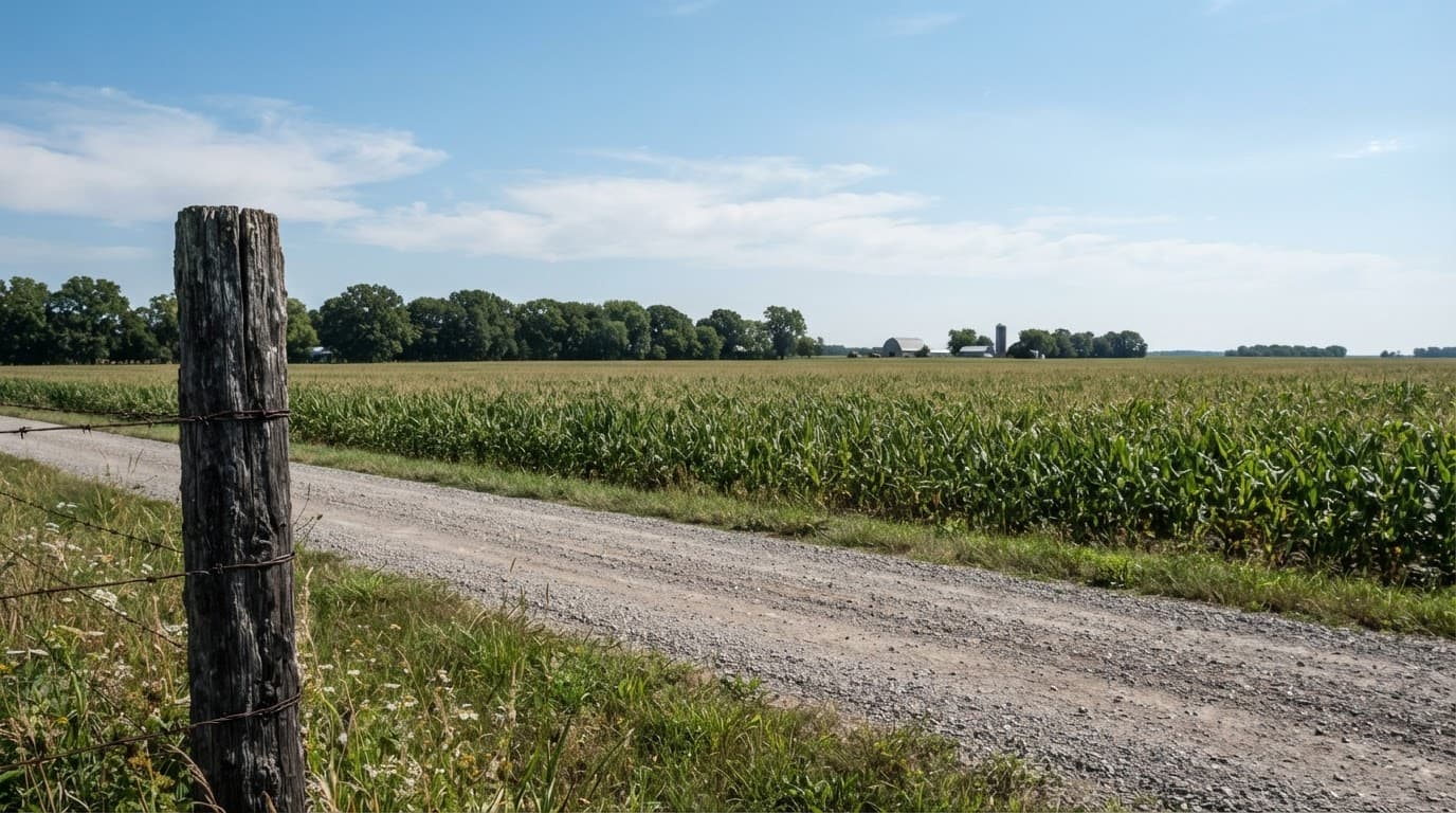 AI-generated editorial scene: A wide-angle shot shows a rural Linn County landscape under clear, midday sunlight, featuring a flat, expansive cornfield bordered by a gravel road and a distant line of mature trees. In the foreground, a weathered wooden fence post stands near the edge of the field, marking the boundary of the open agricultural land.