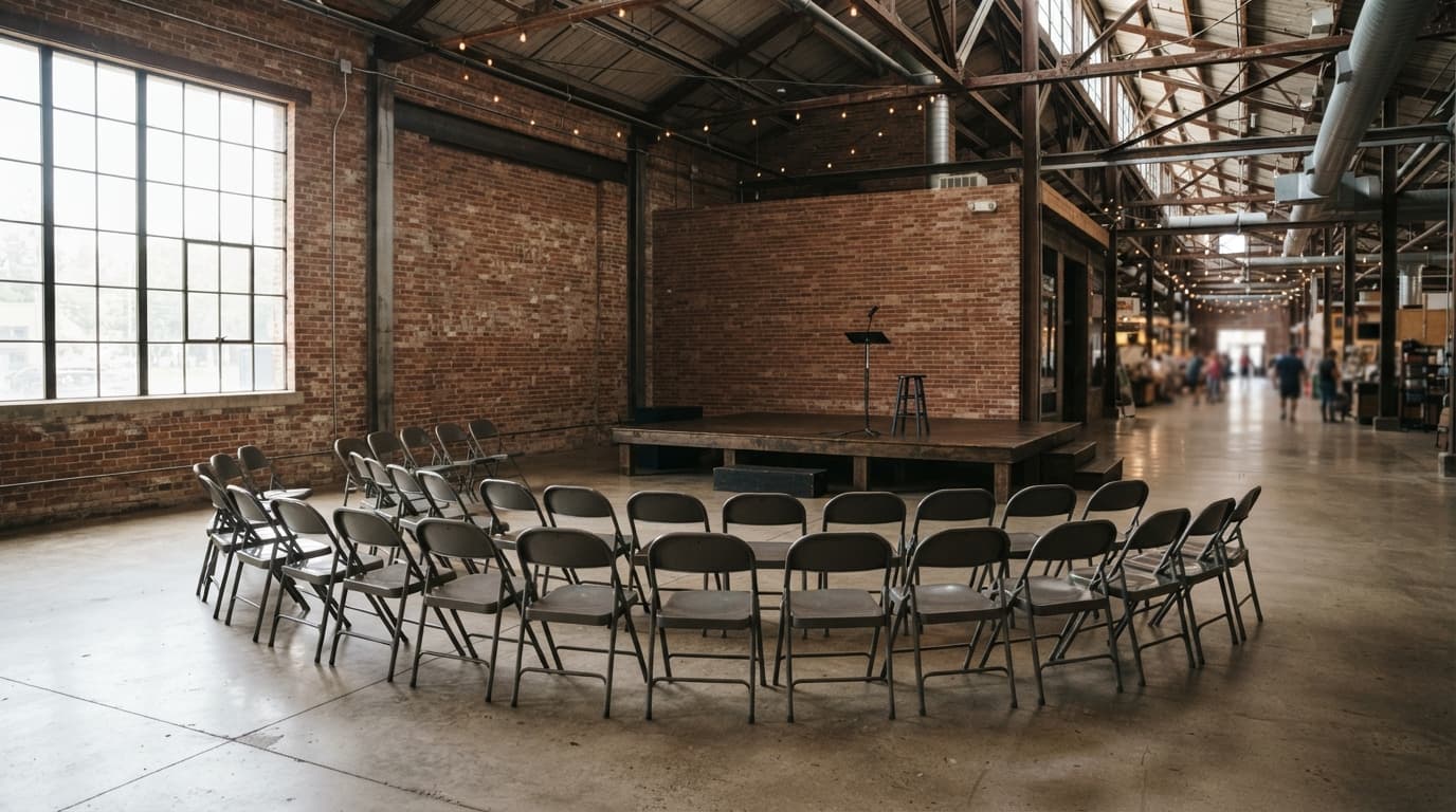 AI-generated editorial scene: A wide-angle view of the NewBo City Market interior during midday, showing natural light streaming through large industrial windows onto the open concrete floor. A cluster of empty metal folding chairs is arranged in a semicircle near the center of the hall, facing an unoccupied wooden stage. In the background, the brick walls and exposed steel rafters of the market provide a clear, neutral setting for the upcoming public gathering.