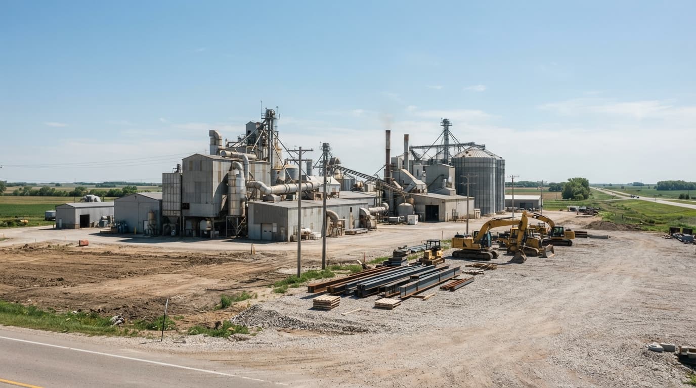 AI-generated editorial scene: A wide-angle shot shows a section of a sprawling industrial facility under a bright, clear midday sky. In the foreground, a patch of cleared earth sits adjacent to a gravel lot, with several pieces of heavy construction equipment parked neatly near a stack of steel beams. The background features the existing plant’s metal siding and large grain silos, with a clear view of the surrounding flat landscape typical of eastern Iowa.