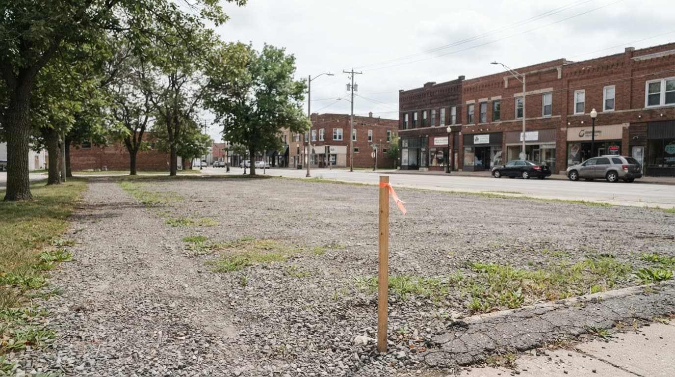 AI-generated editorial scene: A wide, eye-level view shows a flat, vacant gravel lot bordered by mature deciduous trees and a paved street in a quiet downtown district. In the background, a row of two-story brick commercial buildings stands under a bright, overcast afternoon sky. A single wooden surveyor’s stake with a small orange ribbon sits upright in the foreground, marking the open space.