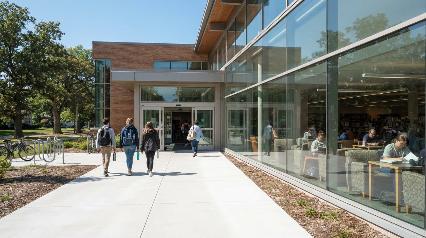 AI-generated editorial scene: A wide-angle shot shows the glass-fronted entrance of a public library building under bright, midday sun. Several people walk toward the automatic doors, carrying backpacks and water bottles, while the surrounding concrete sidewalk reflects the intense, clear daylight. Inside the lobby, rows of cushioned chairs and tables are visible through the windows, occupied by individuals reading and resting in the climate-controlled space.