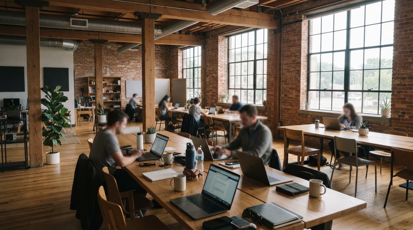 AI-generated editorial scene: A wide-angle shot shows a sunlit, open-plan workspace in a renovated brick building with exposed wooden beams and large industrial windows. Several wooden tables are occupied by empty ceramic mugs and open laptop computers, reflecting a quiet morning in an entrepreneurial hub.