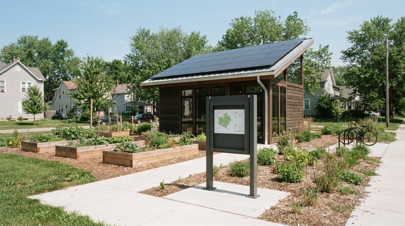 AI-generated editorial scene: A small, modern structure with a sloped roof sits on a cleared urban lot in a residential neighborhood. Solar panels are mounted to the roof, and a sleek, weather-resistant kiosk stands on a concrete pad nearby. A modest community garden with raised wooden beds occupies the surrounding grass under the clear, bright sky of a mid-morning Iowa day.